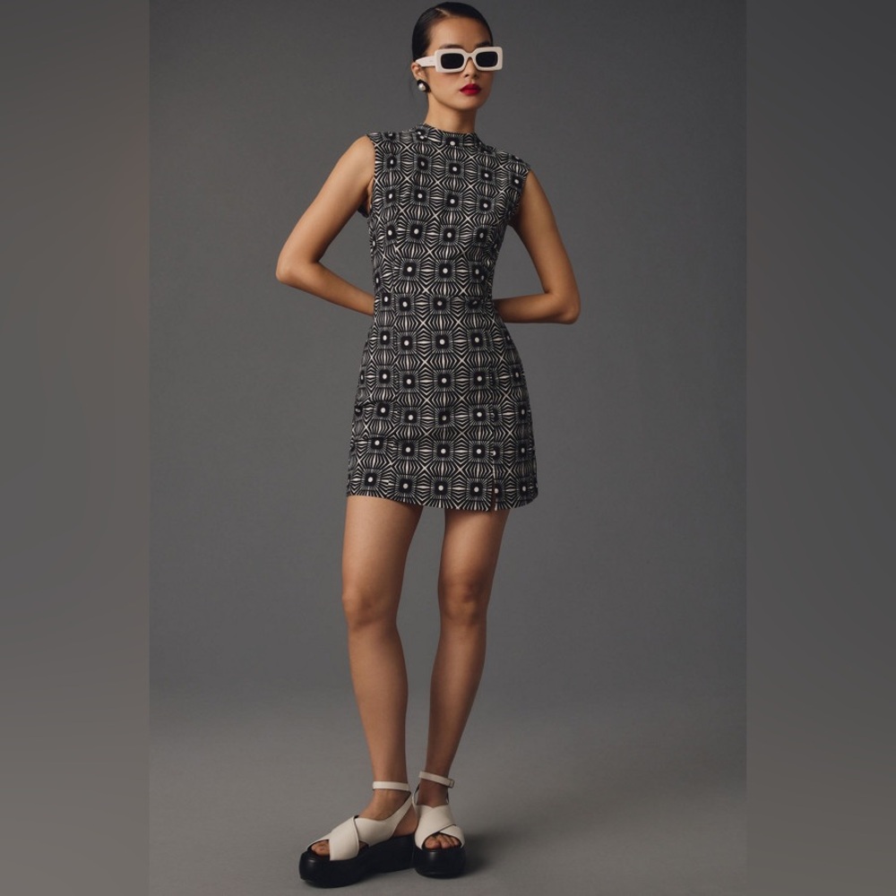 Anthropologie Mock-Neck Sleeveless Seamed Dress Black White Geometric Print XS